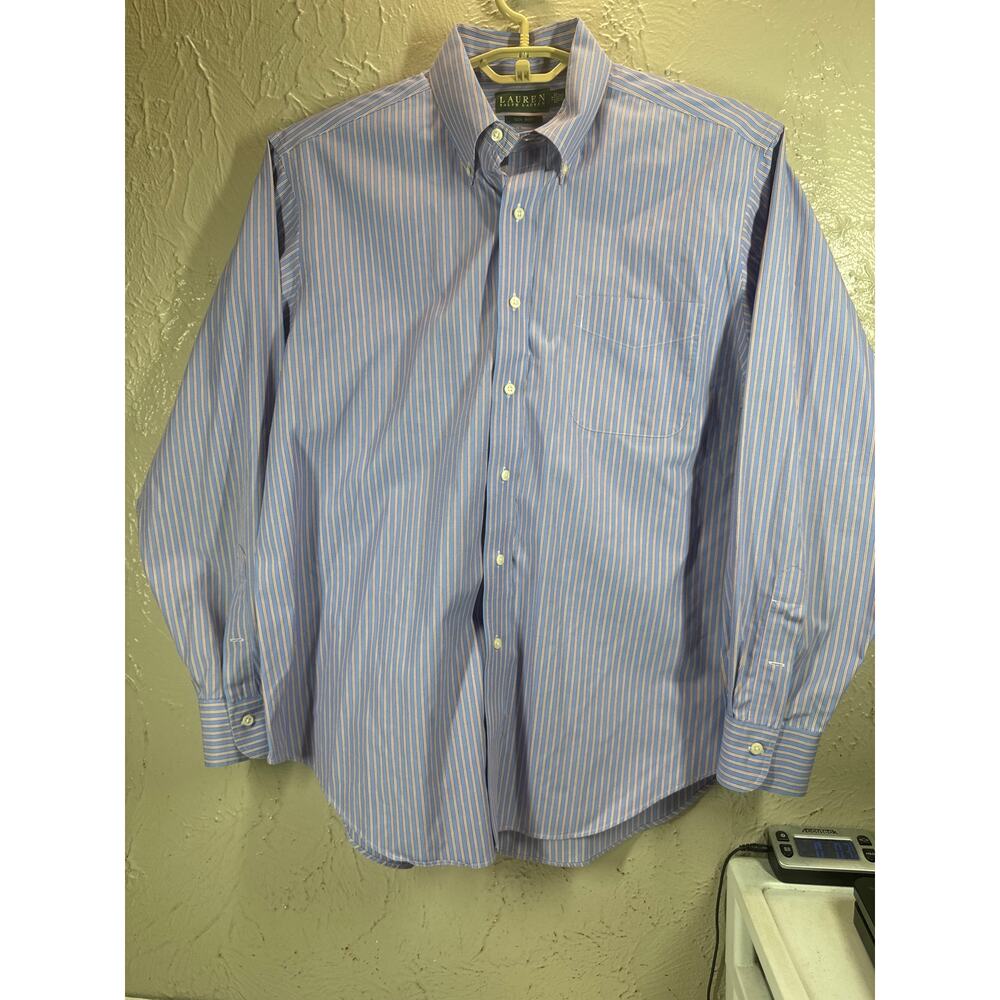 Lauren Ralph Lauren Dress Shirt Blue Striped Long Sleeve Non Iron Size 17 34/35